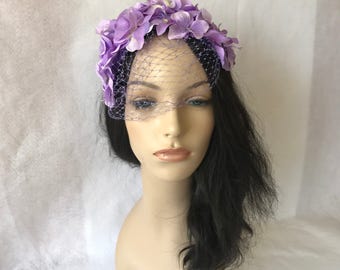 Lilac Purple flower Fascinator hat with birdcage veil, Lavender wedding hat, Flower Fascinator, Flower headpiece, Kentucky Derby Hat, Easter