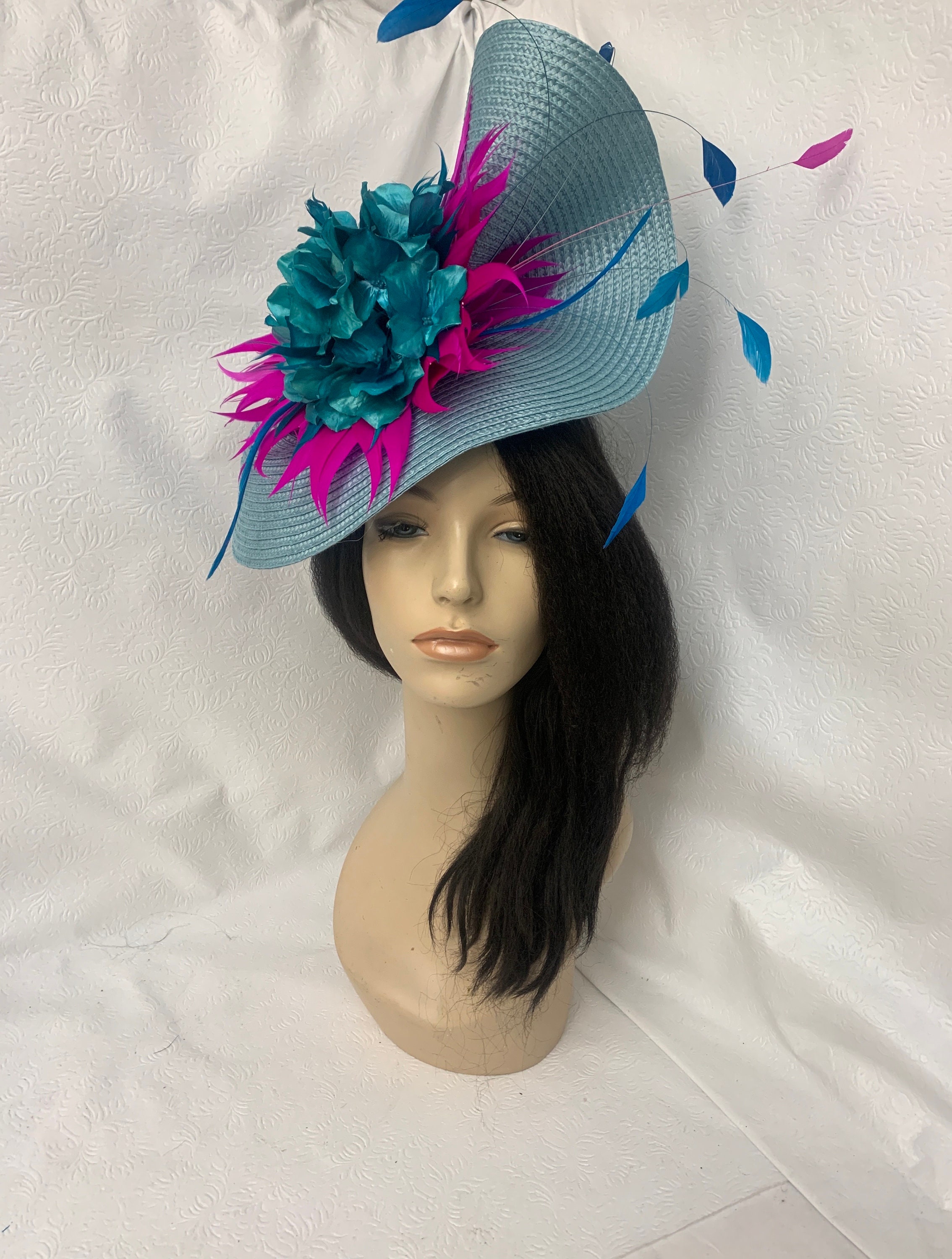 Light Blue Teal Hot Pink Feather Flower Kentucky Derby  display picture 1