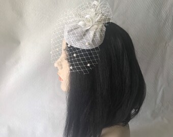 White Bridal Fascinator Hat With Pearl Dotted Veil, Ladies  display picture 1