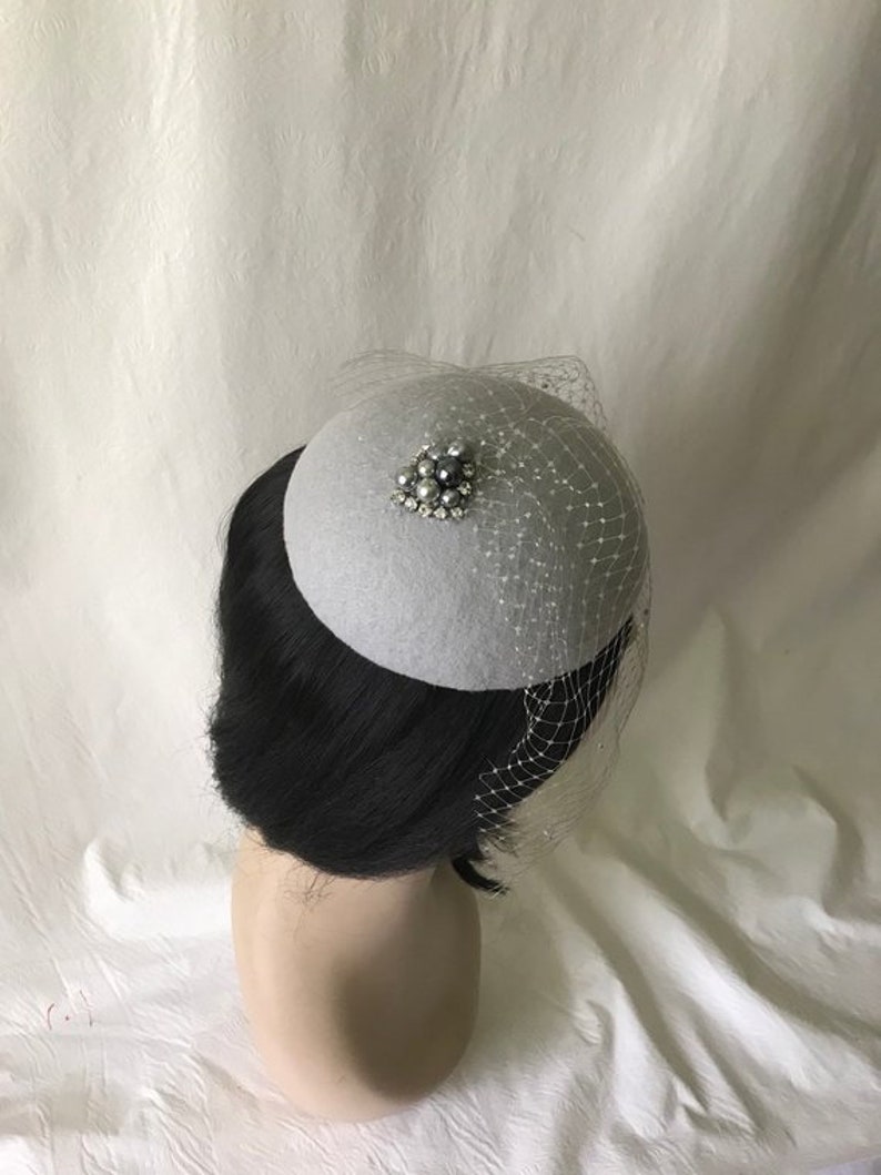 Gray Fascinator Hat With Rhinestones Veil Grey Bridal Wedding Etsy