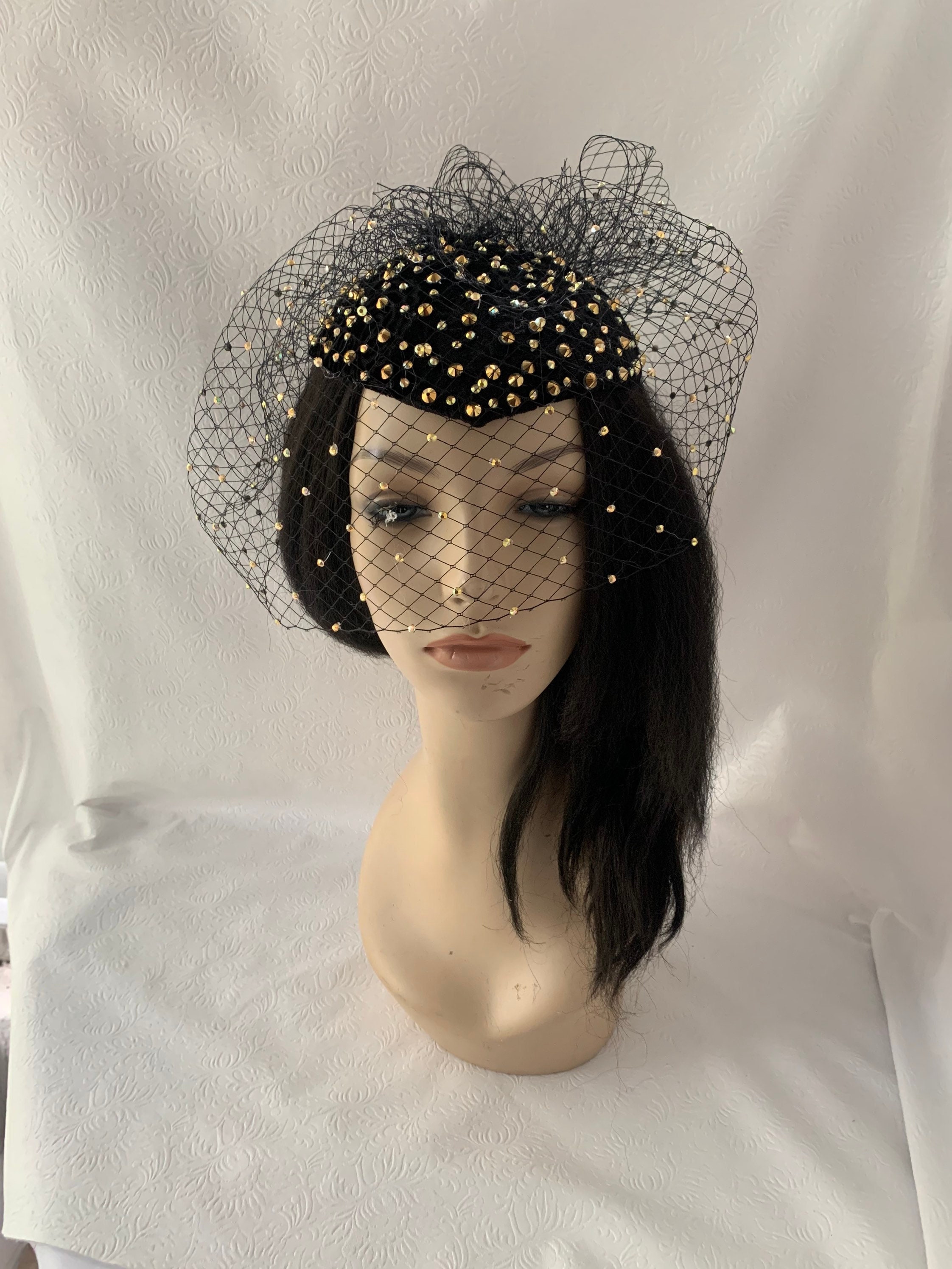B & W Fascinator w/ Black Veil, Pearls, Rhinestone Black Fascinator Hat Veil Flower Fascinator 20s 50s Vintage  main image 3