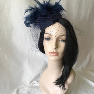 Navy 1940s - 1950s vintage teardrop fascinator hat with veil for wedding, Tea Party, Mother of the Bride, church hat, Kentucky Derby, Races