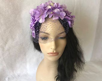 Light Purple Vintage style 1950's -1960's Half Hat with veil, 1960's flower crown, Lilac Fascinator, Lavender Fascinator, Spring Flower Hat