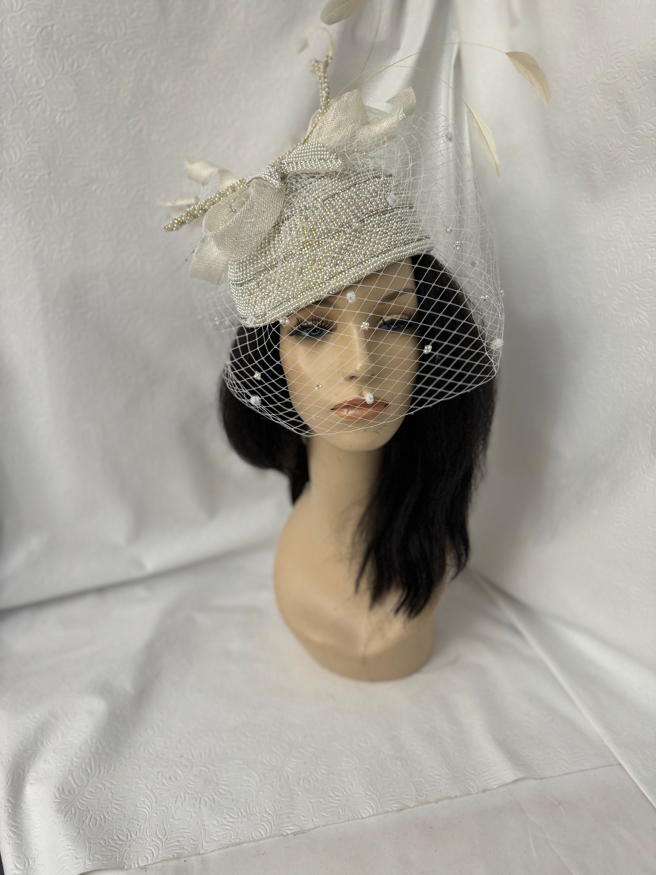 White Pearl Rhinestone Pillbox Hat: Iridescent Church Hat  display picture 2