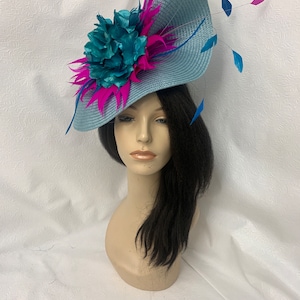 Light blue, teal, hot pink Kentucky derby fascinator hat,  racecourse hat, weddings, mother of the bride hat, tea party, church,
