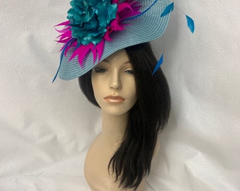 Light blue, teal, hot pink large Kentucky derby feather fascinator hat for weddings, mother of the bride hat, tea party, church, racecourse