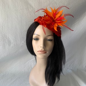 Red Orange flower Kentucky Derby fascinator hat with feather Mother of the bride wedding hat Derby Tea Party hat ladies church hat image 9