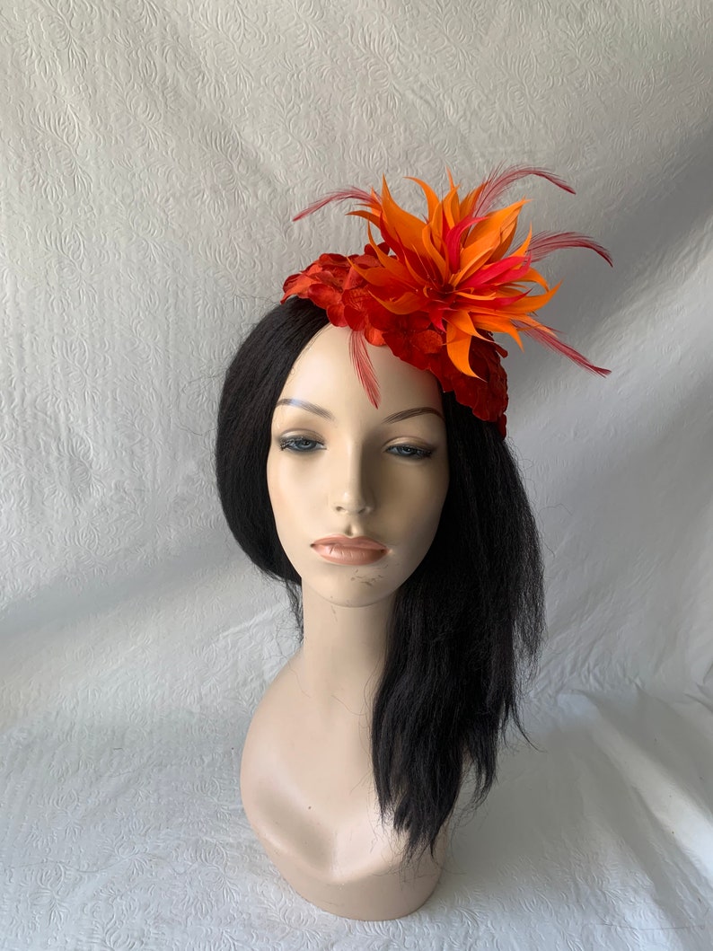Red Orange flower Kentucky Derby fascinator hat with feather Mother of the bride wedding hat Derby Tea Party hat ladies church hat image 9