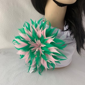 Pink and green Feather flower Brooch for church, wedding, corsages, Alpha Kappa Alpha sorority accessories,  hat brooch pin accessory 7-8 in
