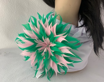 Pink and green Feather flower Brooch for church, wedding, corsages, Alpha Kappa Alpha sorority accessories,  hat brooch pin accessory 7-8 in