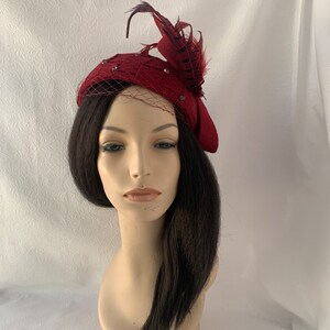 Burgundy Vintage Inspired 1950s-1960s Half Hat Wine red Mother of bride Wedding hat, Maroon Women’s Church hat, Tea Party fascinator hat