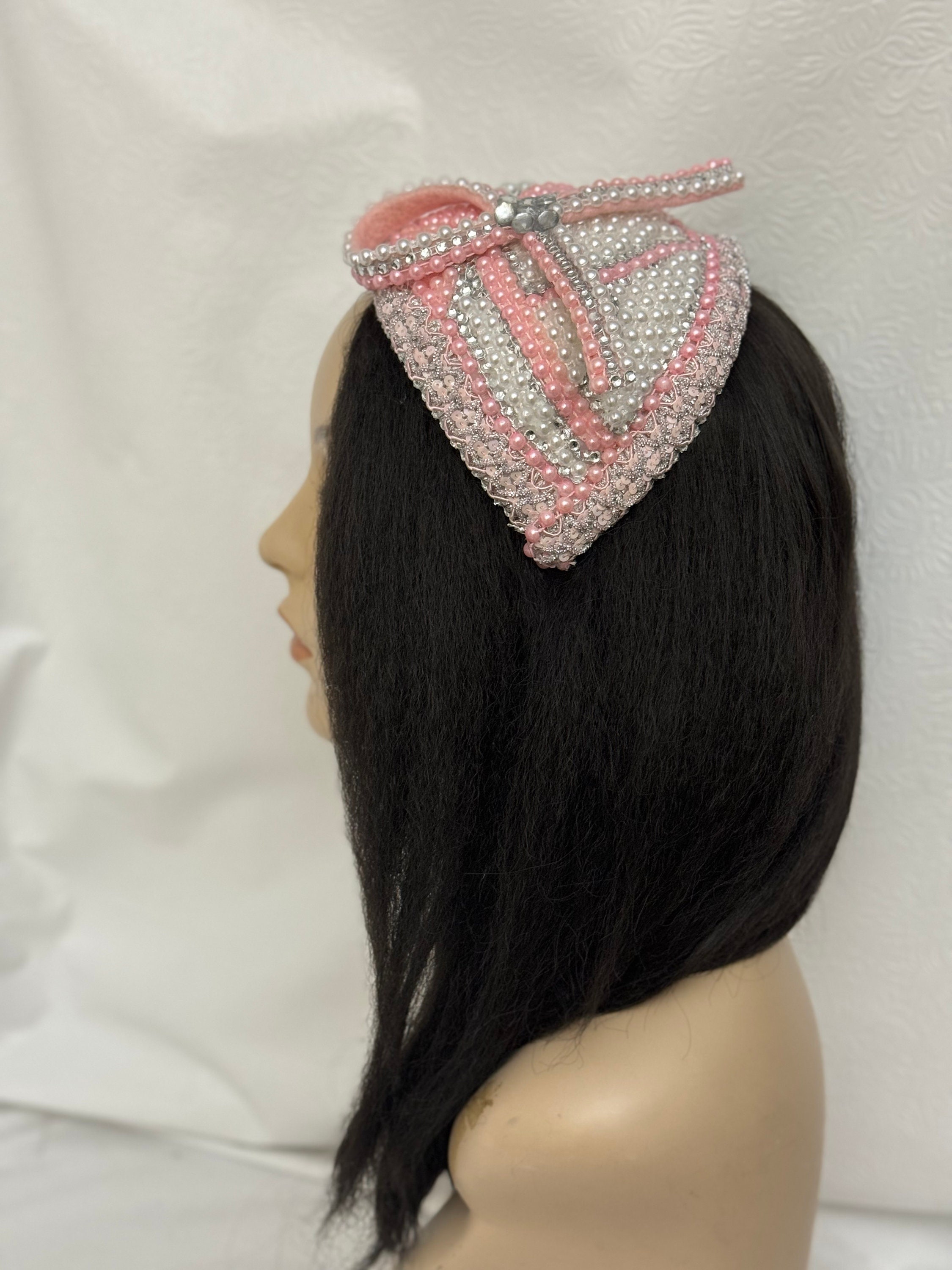 Vintage Pink Pearl Fascinator: Rhinestone Bridal Half Hat - Etsy display picture 3
