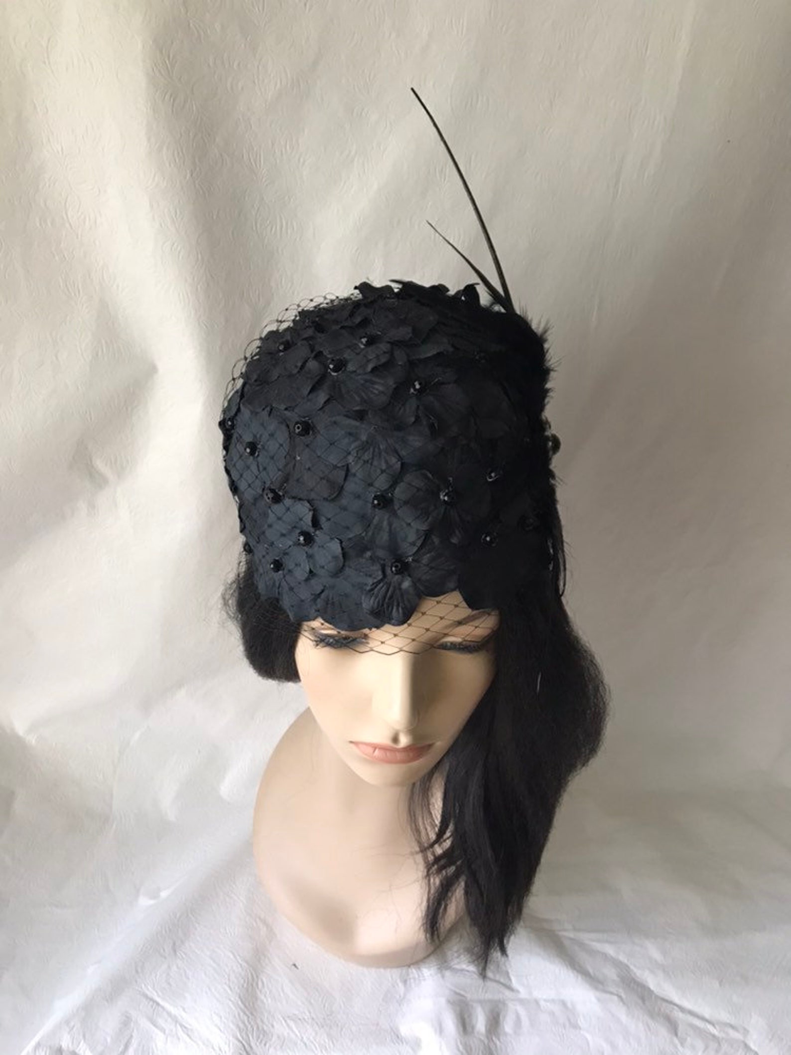 Black Vintage Style Church Hat With Long Feather Quill and | Etsy