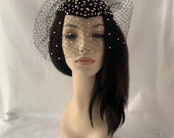 Chic Black Veil Hat with Rhinestone Accent Black 1920s Vintage Styled Rhinestone and Pearl Beaded  main image 3