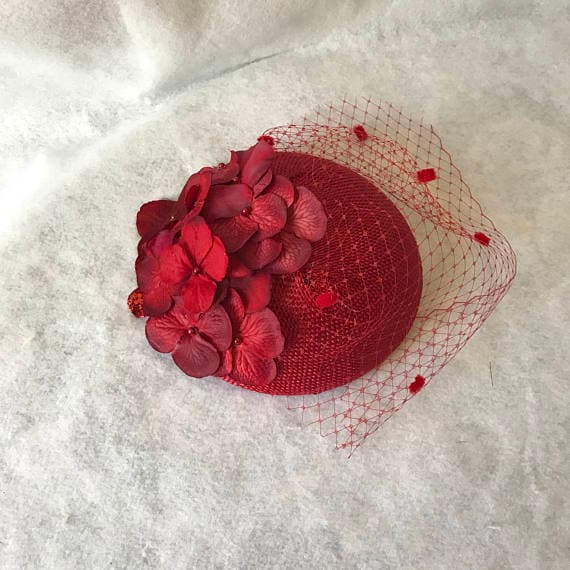 Red Floral Vintage Fascinator Hat With Dotted Veil / Pillbox 