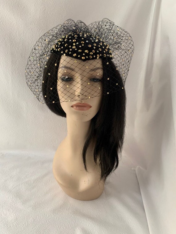 Black Veil Gold Rhinestone Fascinator Hat - 1980 Rhinestone  display picture 1