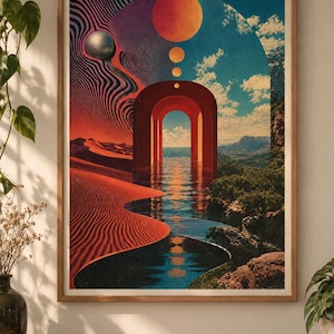 May include: A rectangular framed wall art print featuring a surreal landscape with a red desert on the left, a blue sky with clouds on the right, and a central red archway over a reflective body of water. Above the arch are four orange circular orbs.