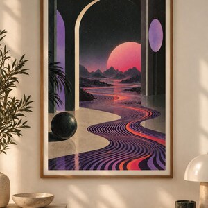 May include: A framed wall art print featuring a surreal landscape with a large pink sun, dark mountains, and a winding river with purple and orange wavy patterns. The scene is framed by dark architectural arches and a black sphere on a light floor.