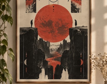 Op de afbeelding: Een ingelijste rechthoekige wandkunstprint met een grote rode cirkelvormige zon gecentreerd boven een donkere bergkloof. Twee silhouetten staan op tegenoverliggende kliffen die verbonden zijn door een dunne lijn. Het ontwerp bevat het symbool |-/, vogels en geometrische accenten.
