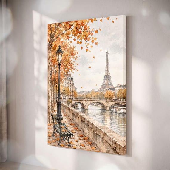 Paris Autumn Watercolor Canvas Print, Eiffel Tower, Seine River, Fall Foliage Decor