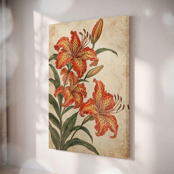 Vintage Tiger Lily Canvas Print, Orange Floral Botanical Art, Cottagecore Wall Decor