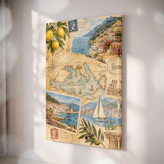 Mediterranean Collage Canvas Print, Vintage Italy Travel Map, Amalfi Coast Art Decor