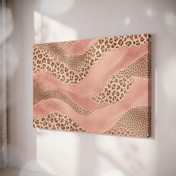 Blush Pink Leopard Print Canvas, Abstract Cheetah Swirl Art, Gold Line Decor