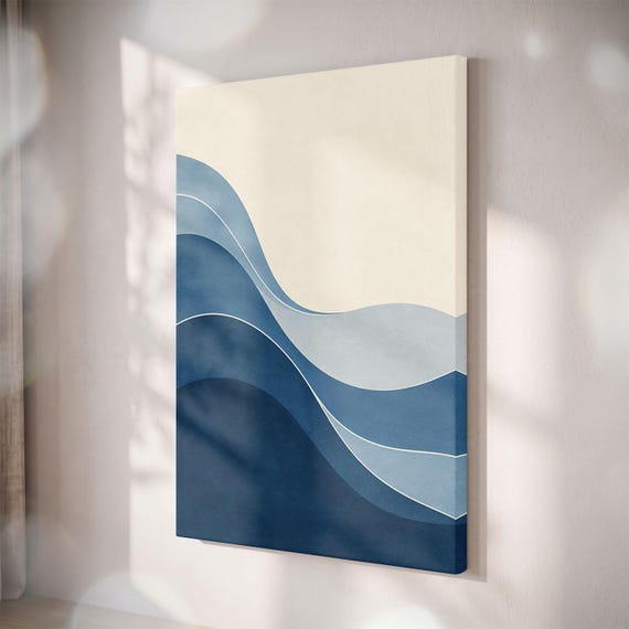 Blue Wave Abstract Canvas Print, Modern Minimalist Ocean Art, Japandi Coastal Decor