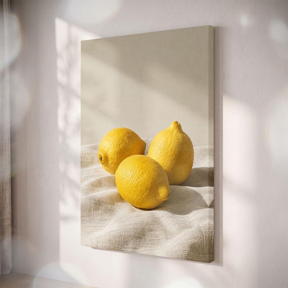 Lemon Still Life Canvas Print, Neutral Fruit Photography, Farmhouse Kitchen Art