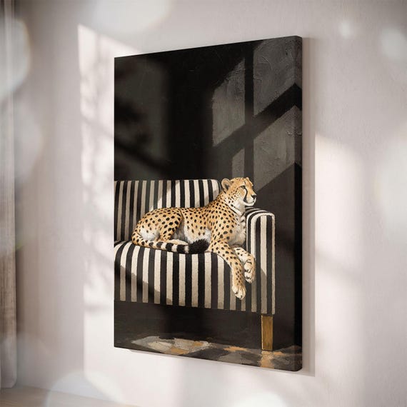 Cheetah on Striped Sofa Canvas Print, Moody Animal Wall Art, Eclectic Living Room Decor