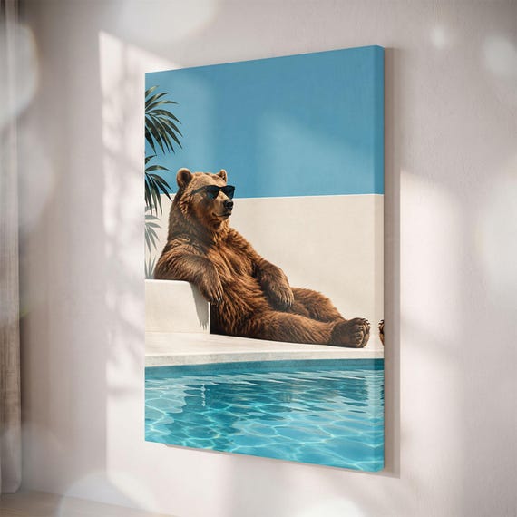 Funny Bear in Sunglasses Poolside Canvas Print, Humorous Summer Wall Art