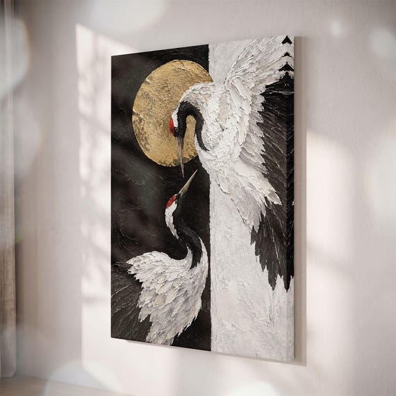 Japanese Crane Canvas Print, Gold Moon Birds, Modern Japandi Wall Art
