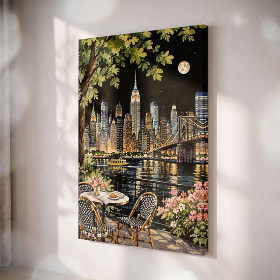 Romantic NYC Night Skyline Canvas Print, Brooklyn Bridge Bistro Cafe Art
