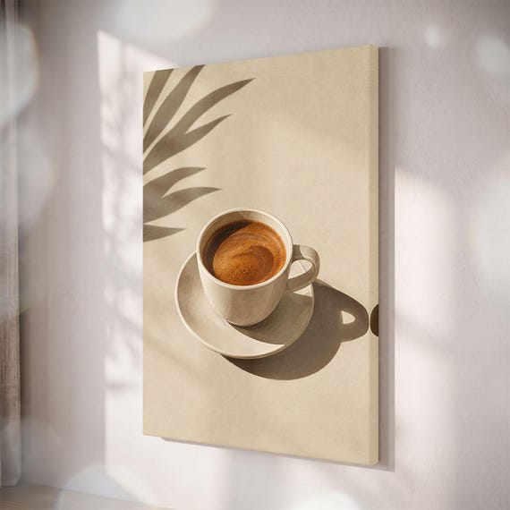 Minimalist Coffee Cup Canvas Print, Neutral Beige Kitchen Wall Art, Warm Tone Cafe Decor