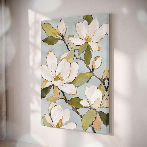 Magnolia Flower Canvas Print, Sage Green Botanical Wall Art, Modern Farmhouse Decor