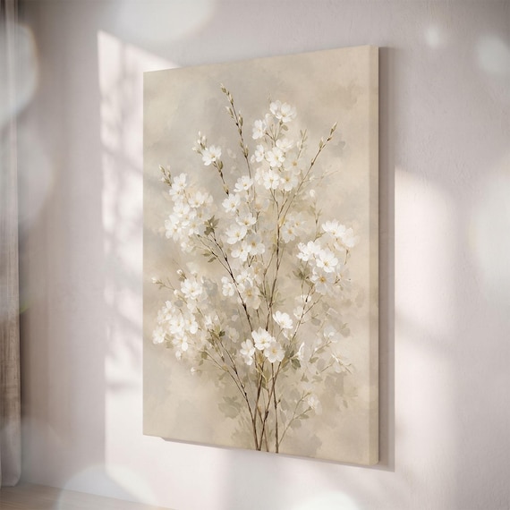 White Blossom Canvas Print, Neutral Botanical Wall Art, Japanese Cherry Blossom Decor