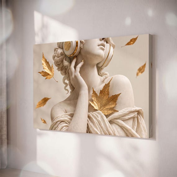 Greek Statue With Headphones Canvas Print, Gold Leaves, Neutral Beige Wall Art