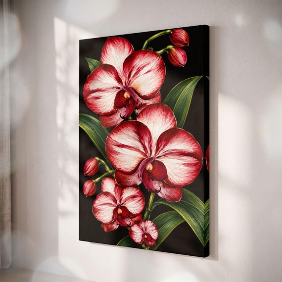 Red Orchid Canvas Print, Dark Botanical Wall Art, Moody Floral Decor