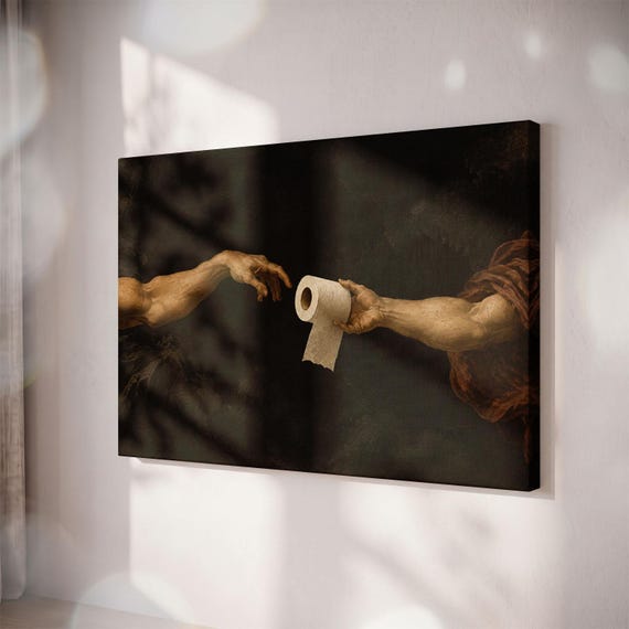 Funny Renaissance Toilet Paper Hands Canvas Print, Dark Moody Bathroom Art
