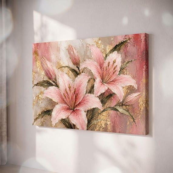 Pink Lily Canvas Print, Gold Foil Floral Wall Art, Textured Botanical Decor
