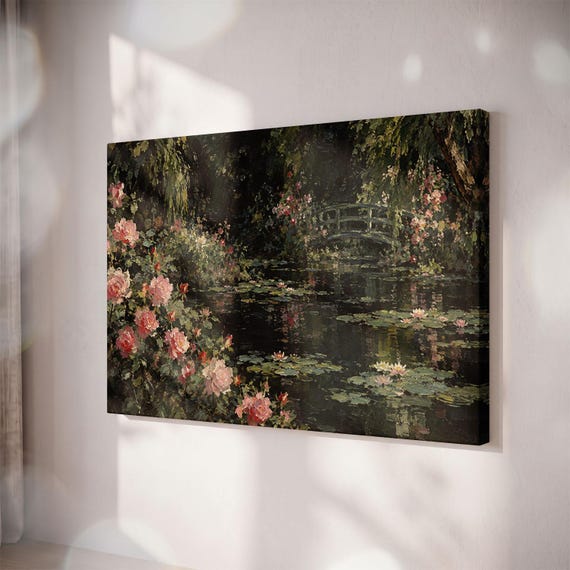 Moody Water Lily Pond Canvas Print, Cottagecore Rose Garden, French Country Bridge Art