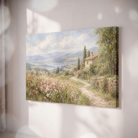 Tuscany Landscape Canvas Print, Italian Countryside, Cottagecore Wildflower Meadow