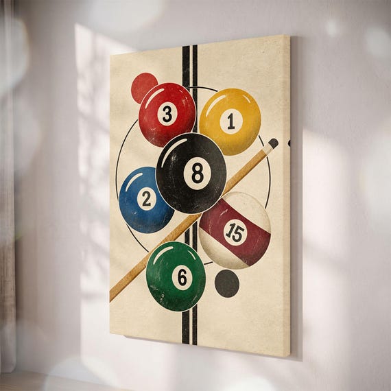 Retro Billiard 8 Ball Canvas Print, Vintage Pool Game Wall Art