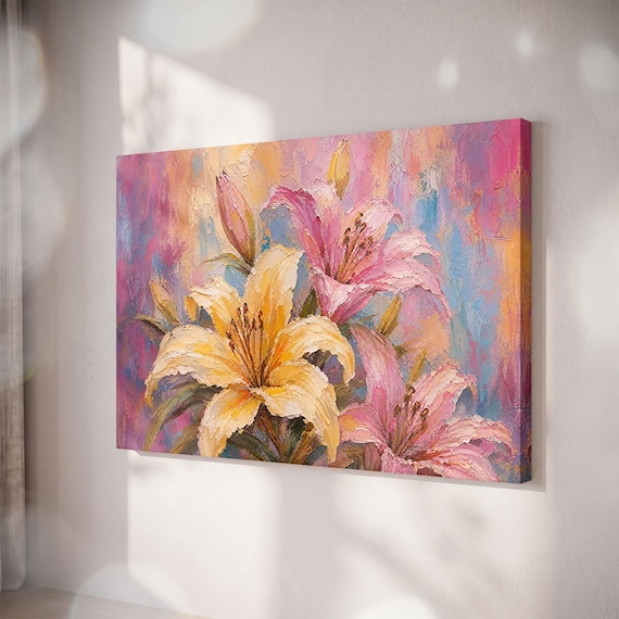 Textured Pink Yellow Lily Canvas Print, Cottagecore Floral Wall Art