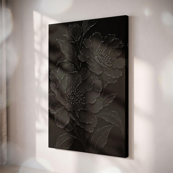 Black Peony Canvas Print, Moody Botanical Wall Art, Gothic Floral Texture Decor