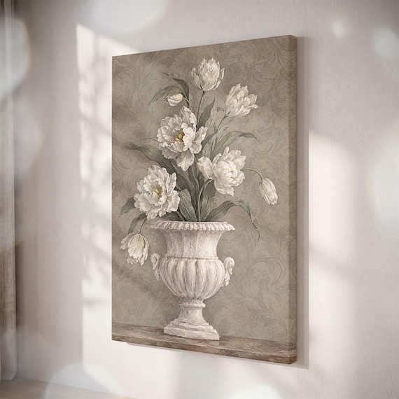 White Tulips in Antique Urn Canvas Print, French Country Floral Wall Art