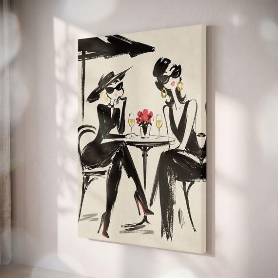 Parisian Fashion Illustration Canvas Print, Chic Cafe Girls Wall Art (11" x 14")