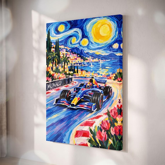Monaco Grand Prix Canvas Print, Colorful Motorsport Art, Swirling Sky Coastal City Poster