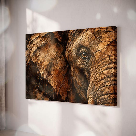 Elephant Canvas Print, Rustic Earth Tone Wildlife Art, Textured Wall Hanging