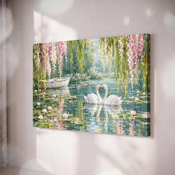 Swan Couple Canvas Print, Water Lily Pond, Romantic Lake Rowboat, Cottagecore Wall Art